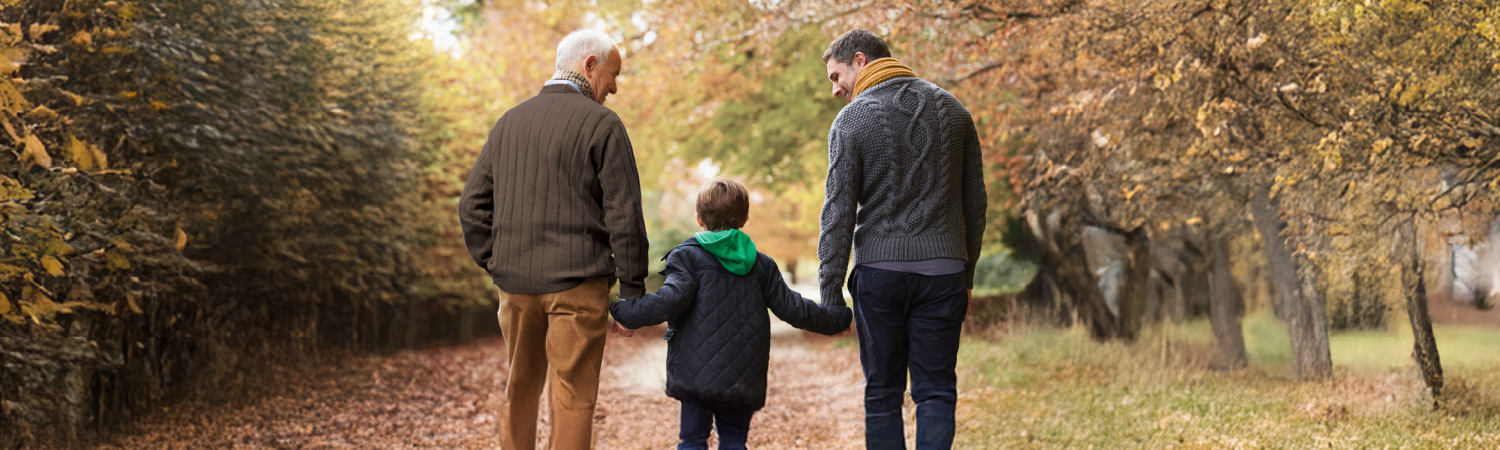 Three generations walking along a path